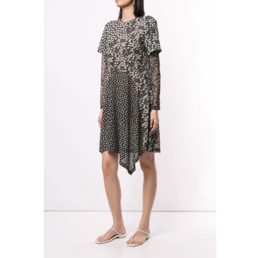 Goen J Floral Print Long Sleeve Asymmetric Dress in Black/White sz 8